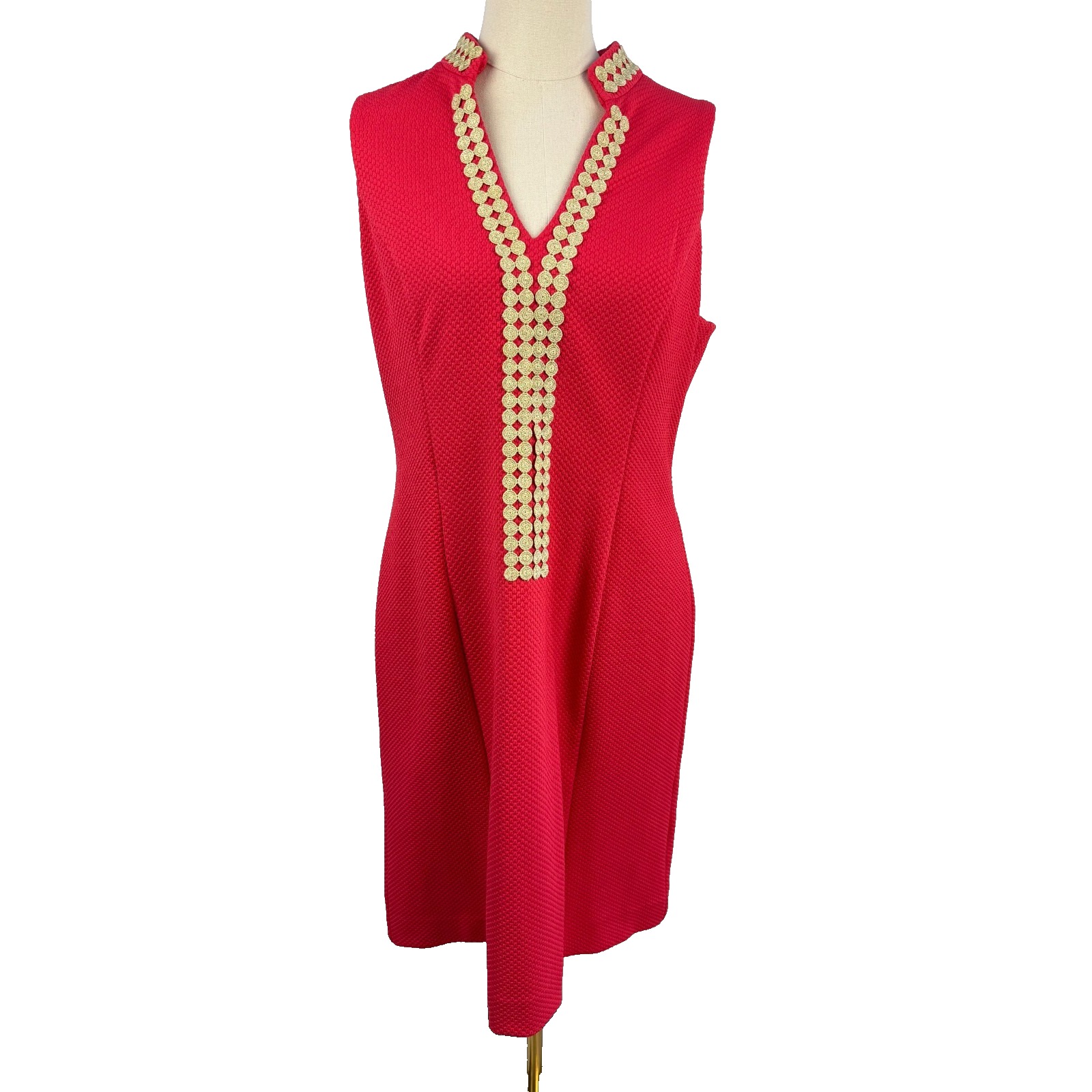 Pappagallo Red Textured Knit Shift Dress Gold Trim Sleeveless Size 10 New